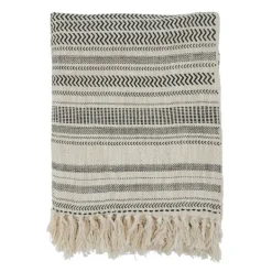 Blankets & Throws-Kirkland's Home Natural Block Print Throw With Fringe Ivory/Gray