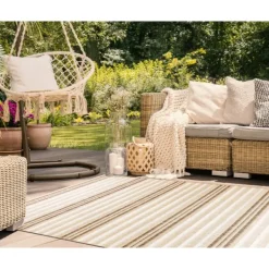 Outdoor Rugs-Kirkland's Home Natural Canva Striped Outdoor Area Rug, 4X7 Tan