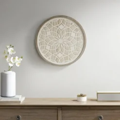 Wall Plaques-Kirkland's Home Natural Carved Wood Medallion Round Wall Plaque Tan