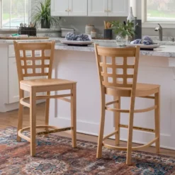 Bar Stools & Counter Height Stools-Kirkland's Home Natural Grid Back Wood Counter Stools, Set Of 2 Tan