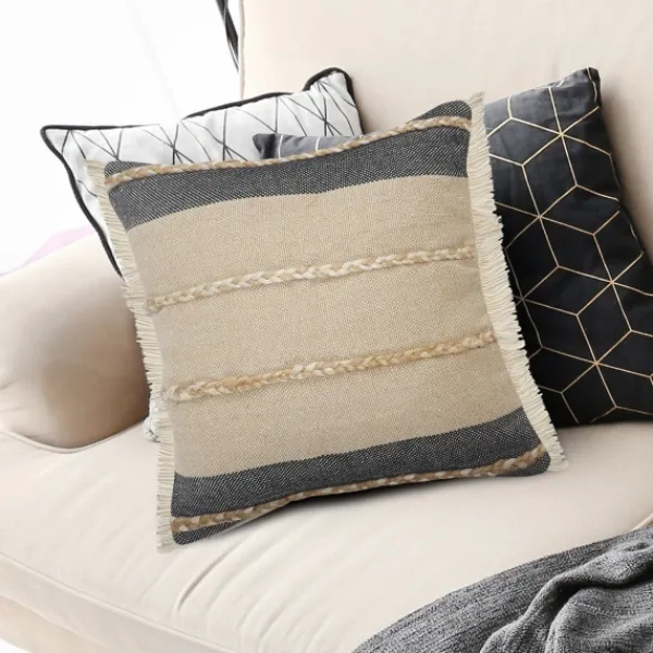 Pillows-Kirkland's Home Natural Jute Braided Stripe Throw Pillow, 20 In. Black/Tan/Ivory