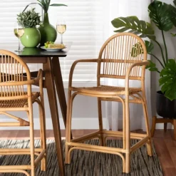Bar Stools & Counter Height Stools-Kirkland's Home Natural Rat Woven Seat Counter Stool Tan