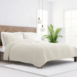 Quilts-Kirkland's Home Natural Stitched Diamond 3-Pc. Queen Quilt Set Ivory
