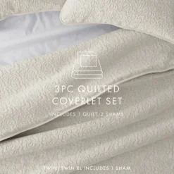 Quilts-Kirkland's Home Natural Stitched Floral 3-Pc. Queen Quilt Set Ivory