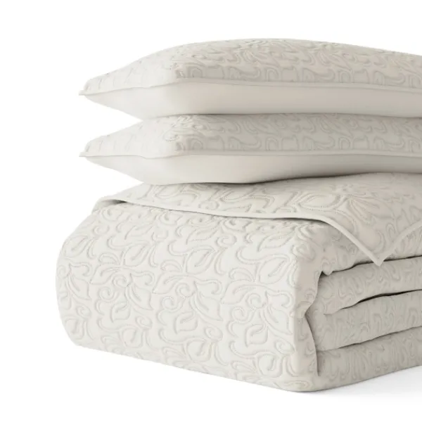 Quilts-Kirkland's Home Natural Stitched Floral 3-Pc. King Quilt Set Ivory