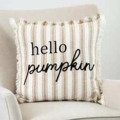 Pillows-Kirkland's Home Natural Stripe Hello Pumpkin Pillow Tan