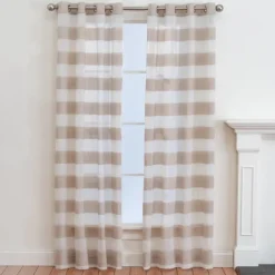 Curtains & Drapes-Kirkland's Home Natural Stripe Sheer Single Curtain Panel, 84 In. Tan/White