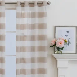 Curtains & Drapes-Kirkland's Home Natural Stripe Sheer Single Curtain Panel, 84 In. Tan/White