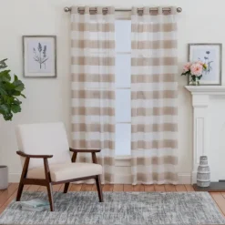 Curtains & Drapes-Kirkland's Home Natural Stripe Sheer Single Curtain Panel, 84 In. Tan/White