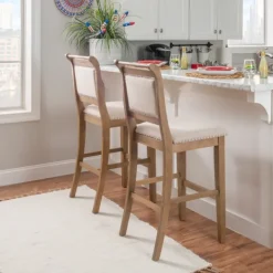 Bar Stools & Counter Height Stools-Kirkland's Home Natural Striped Upholstered Wood Frame Bar Stool Tan