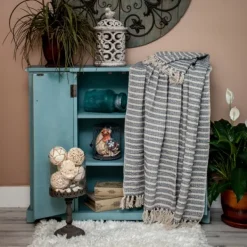 Blankets & Throws-Kirkland's Home Natural Striped Woven Tassel Throw Blue