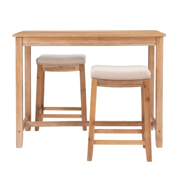 Dining Tables-Kirkland's Home Natural Wood & Upholstered Stools 3-Pc. Dining Set Tan
