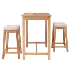 Dining Tables-Kirkland's Home Natural Wood & Upholstered Stools 3-Pc. Dining Set Tan