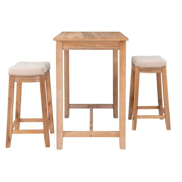 Dining Tables-Kirkland's Home Natural Wood & Upholstered Stools 3-Pc. Dining Set Tan