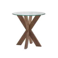 Accent & End Tables-Kirkland's Home Natural Wood And Glass Top X-Base Accent Table Tan