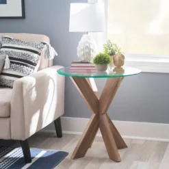 Accent & End Tables-Kirkland's Home Natural Wood And Glass Top X-Base Accent Table Tan