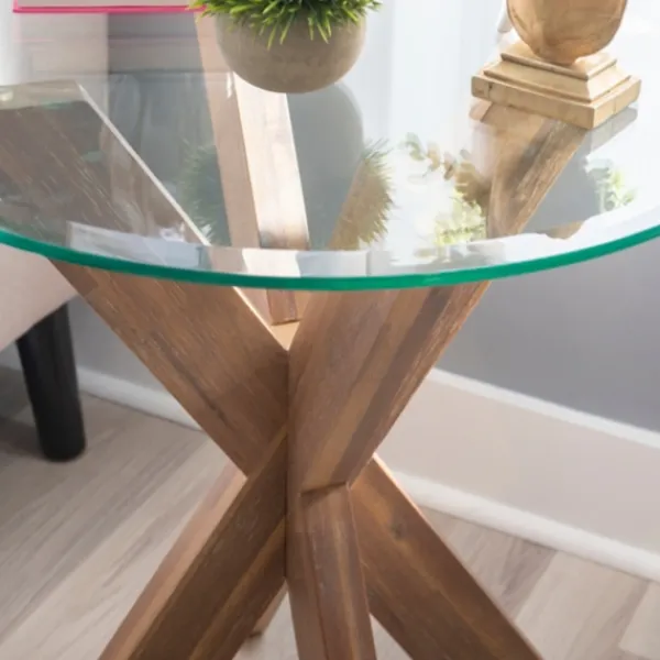 Accent & End Tables-Kirkland's Home Natural Wood And Glass Top X-Base Accent Table Tan