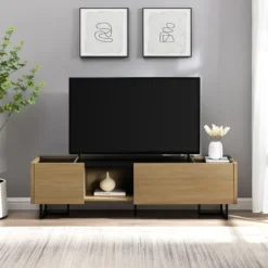 Tv Stands & Media Consoles-Kirkland's Home Natural Wood And Marble 2-Door Tv S D Tan