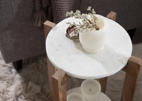Accent & End Tables-Kirkland's Home Natural Wood And Marble Moxley Accent Table White/Tan