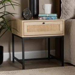 Nightstands-Kirkland's Home Natural Wood And Metal 1-Drawer Nights D Tan