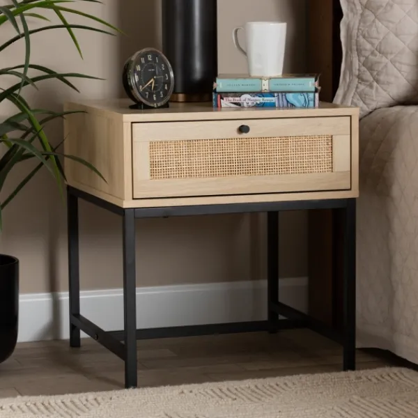 Nightstands-Kirkland's Home Natural Wood And Metal 1-Drawer Nights D Tan
