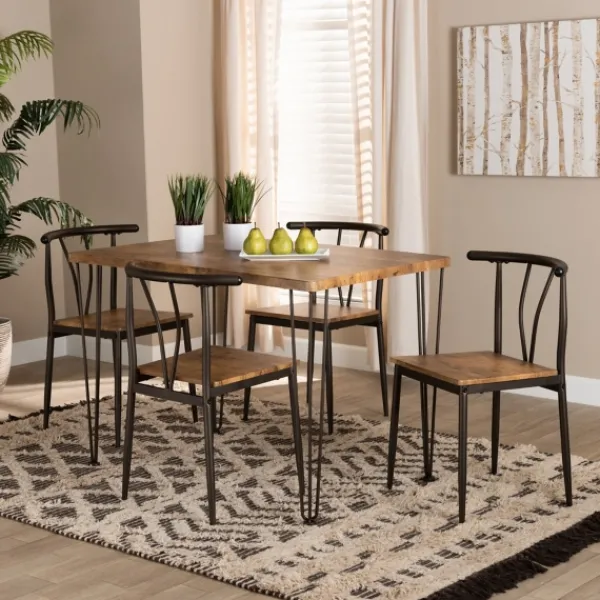 Dining Tables-Kirkland's Home Natural Wood And Metal 5-Pc. Dining Set Brown/Black