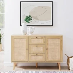 Cabinets & Sideboards-Kirkland's Home Natural Wood And Rat 3-Drawer Sideboard Tan