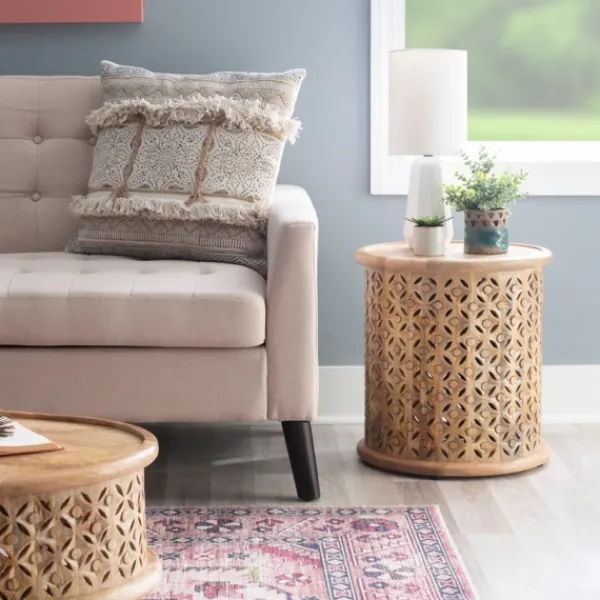 Accent & End Tables-Kirkland's Home Natural Wood Carved Diamonds Accent Table Tan