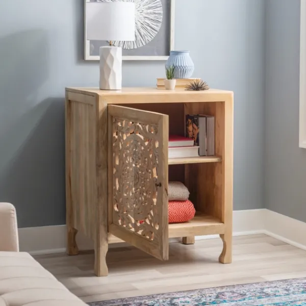 Cabinets & Sideboards-Kirkland's Home Natural Wood Carved Medallion Cabinet Tan