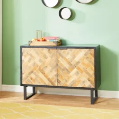 Cabinets & Sideboards-Kirkland's Home Natural Wood Mosaic Paneling Cabinet Black/Tan