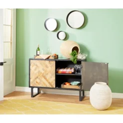 Cabinets & Sideboards-Kirkland's Home Natural Wood Mosaic Paneling Cabinet Black/Tan