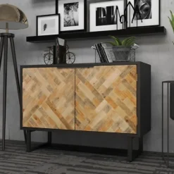 Cabinets & Sideboards-Kirkland's Home Natural Wood Mosaic Paneling Cabinet Black/Tan