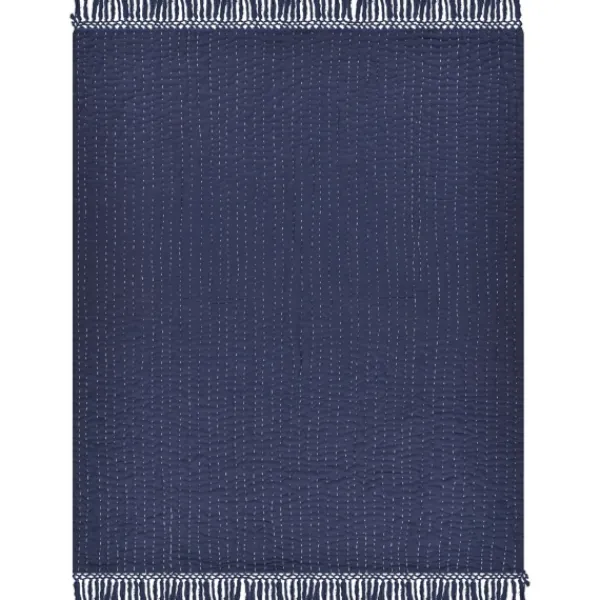 Blankets & Throws-Kirkland's Home Navy And Cream Stitch Fringe Throw Blue