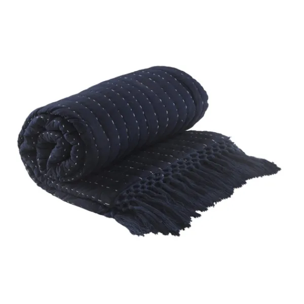 Blankets & Throws-Kirkland's Home Navy And Cream Stitch Fringe Throw Blue