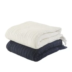 Blankets & Throws-Kirkland's Home Navy And Cream Stitch Fringe Throw Blue