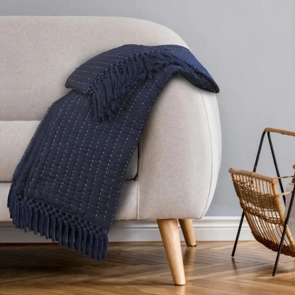 Blankets & Throws-Kirkland's Home Navy And Cream Stitch Fringe Throw Blue