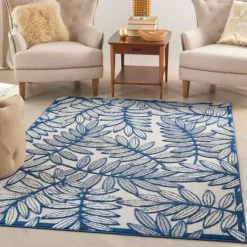 Outdoor Rugs-Kirkland's Home Navy And Gray Botanical Outdoor Area Rug, 6X9 Blue/Gray
