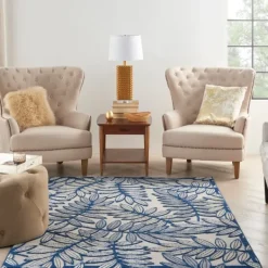 Outdoor Rugs-Kirkland's Home Navy And Gray Botanical Outdoor Area Rug, 6X9 Blue/Gray