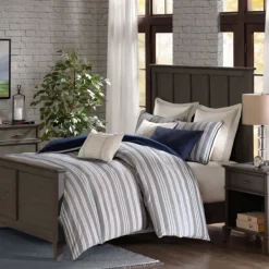 Comforters-Kirkland's Home Navy And Ivory Stripe 9-Pc. King Comforter Set Blue/White