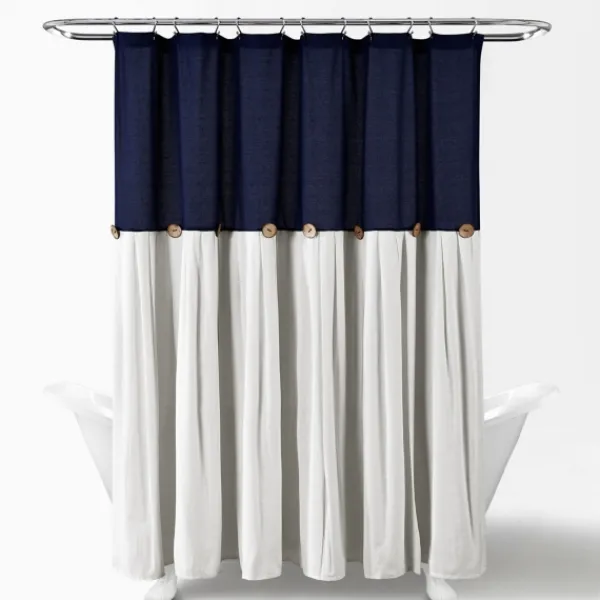 Shower Curtains-Kirkland's Home Navy And White Button Accent Linen Shower Curtain Blue