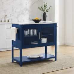 Kitchen Islands & Bar Carts-Kirkland's Home Navy And White Marble Top Kitchen Island Blue