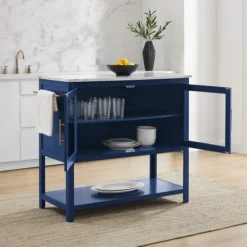 Kitchen Islands & Bar Carts-Kirkland's Home Navy And White Marble Top Kitchen Island Blue