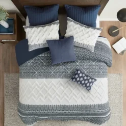 Comforters-Kirkland's Home Navy And White 3-Pc. Full/Queen Comforter Set Blue/White