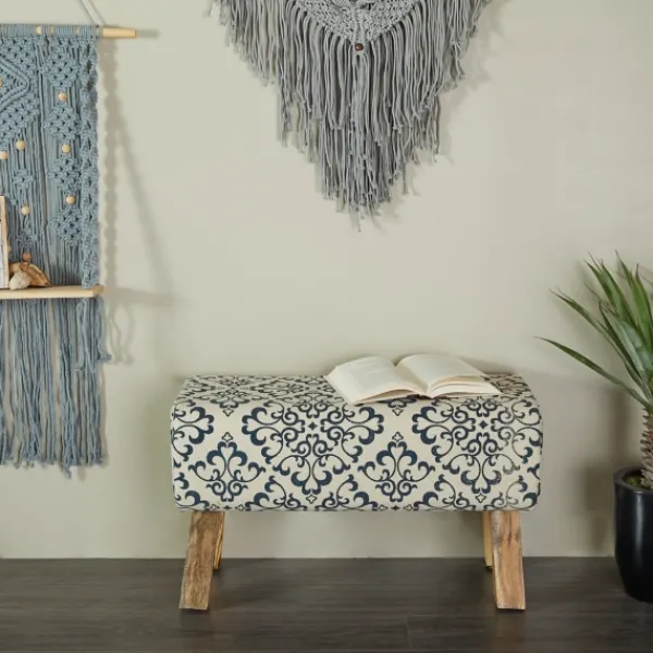 Benches & Ottomans-Kirkland's Home Navy And White Upholstered Scroll Bench Blue/White