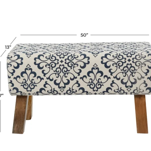 Benches & Ottomans-Kirkland's Home Navy And White Upholstered Scroll Bench Blue/White