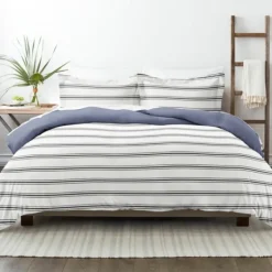 Duvets-Kirkland's Home Navy Blue Echo Stripe 3-Pc. Queen Duvet Cover Set White/Black/Blue