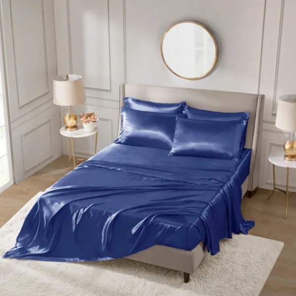 Bed Sheets-Kirkland's Home Navy Blue Satin 6-Pc. California King Sheet Set Gray