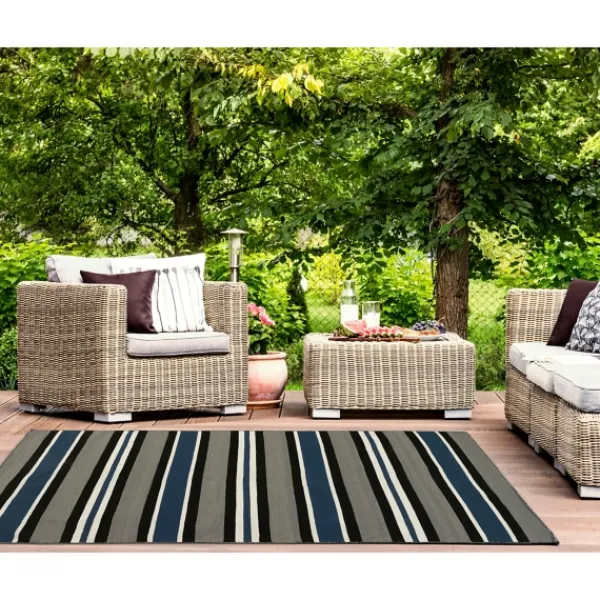 Outdoor Rugs-Kirkland's Home Navy Bold Stripe Indoor/Outdoor Area Rug, 5X7 Blue/Gray