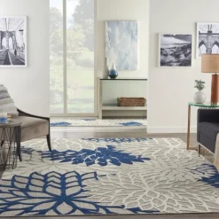 Outdoor Rugs-Kirkland's Home Navy Bright Floral Burst Outdoor Area Rug, 7X10 Blue/White/Tan