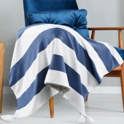 Blankets & Throws-Kirkland's Home Navy Cabana Stripe Tassel Throw Blue/White